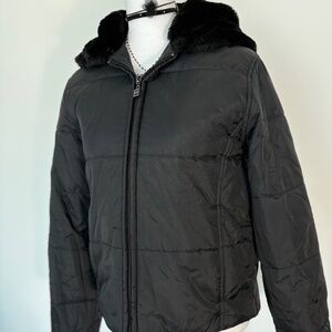 Vintage ESPRIT Black Puffer Jacket | Y2K Faux Fur Hood | Winter Coat Size Small